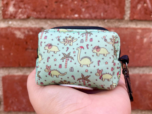 Christmas Dinos Poop Bag Holder – Mint Green Dinosaur Holiday Print – Recycled Waste Bag Dispenser