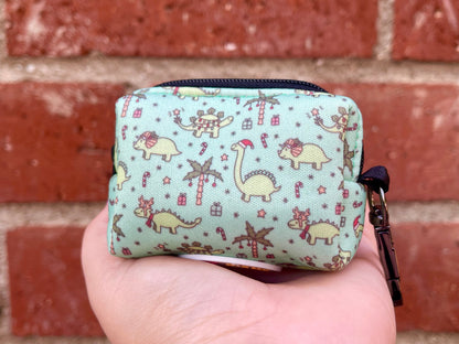 Christmas Dinos Poop Bag Holder – Mint Green Dinosaur Holiday Print – Recycled Waste Bag Dispenser
